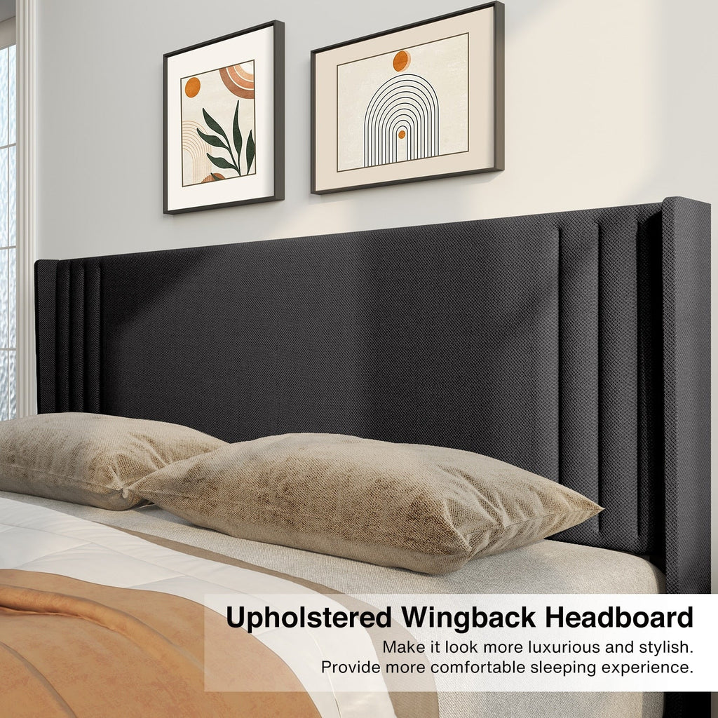 Queen/ Full Vertical Channels Upholstered Bed with Wingback Headboard
