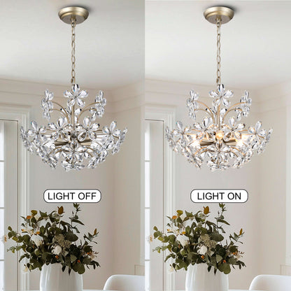 Lustre Rosa à 6 lumières en cristal argenté brossé avec motif de fleurs champagne