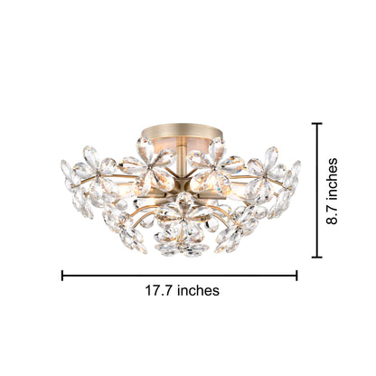 Plafonnier Rosa à 6 lumières en cristal argenté brossé avec fleur de champagne - 17,7 pouces de diamètre x 8,7 pouces de hauteur