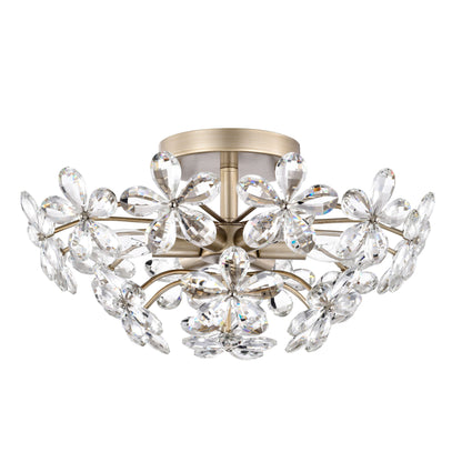 Plafonnier Rosa à 6 lumières en cristal argenté brossé avec fleur de champagne - 17,7 pouces de diamètre x 8,7 pouces de hauteur