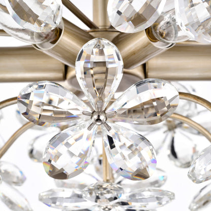 Plafonnier Rosa à 6 lumières en cristal argenté brossé avec fleur de champagne - 17,7 pouces de diamètre x 8,7 pouces de hauteur