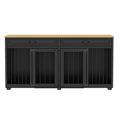 Wooden Double Dog Crate Kennel Furniture with 2 Drawers & Divider