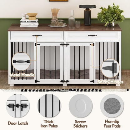 Wooden Double Dog Crate Kennel Furniture with 2 Drawers & Divider