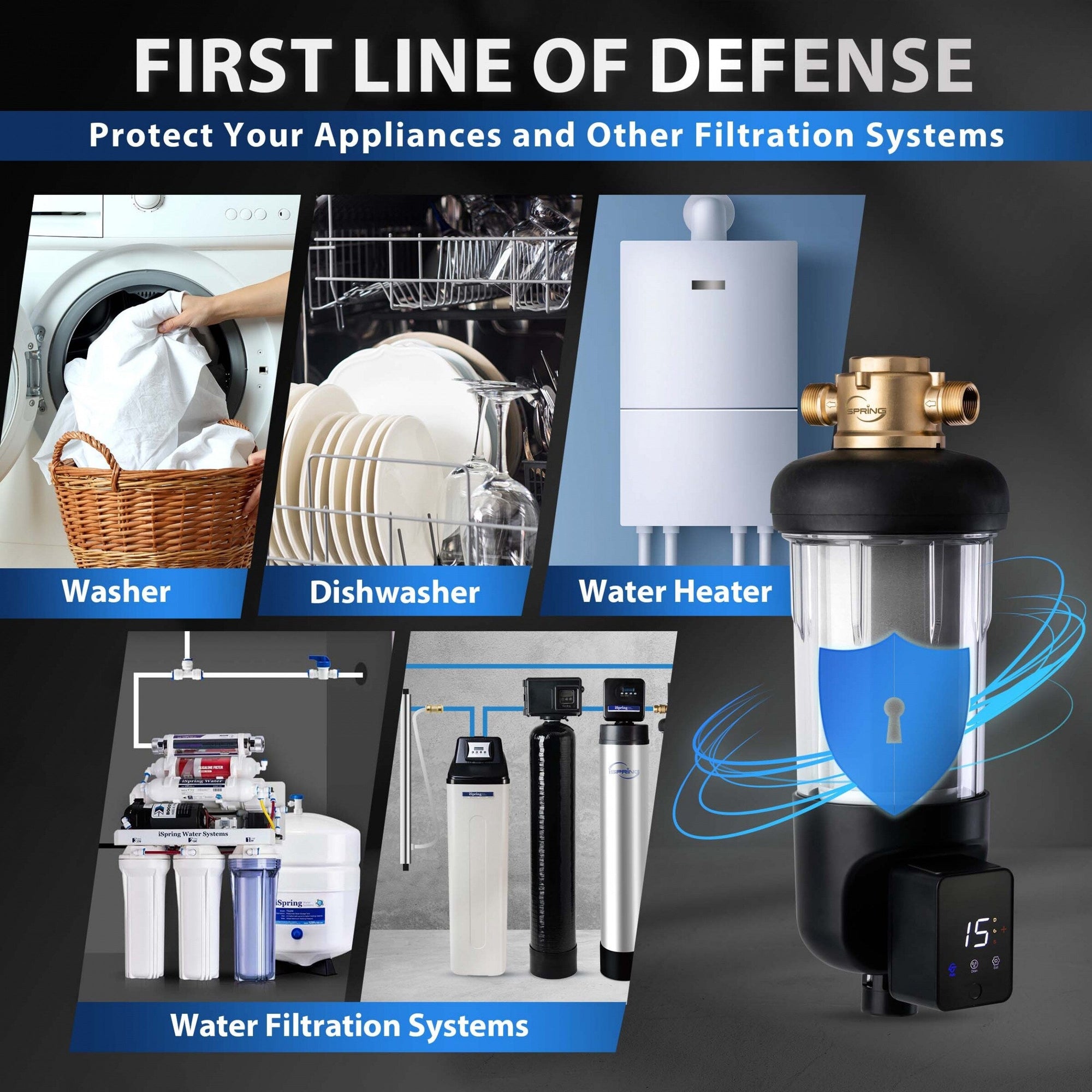 iSpring WSP100ARJ NSF Certified Spin-Down Sediment Water Filter, Jumbo Size, Reusable w/ Touch-Screen Flush Module, 100 Microns